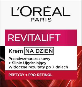 L'Oréal Paris Revitalift Krem NA DZIEŃ przeciwzmarszczkowy, biało-różowe opakowanie z PEPTYDY + PRO-RETINOL.