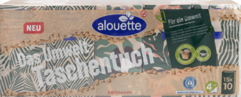 Alouette Das Umwelt Taschentuch, ekologiczne chusteczki 15x10, 4-warstwowe, beżowe opakowanie z liśćmi, widok przodu.