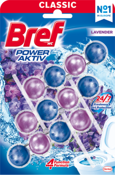 Bref Power Aktiv Classic Lavender zawieszka do WC, niebieskie opakowanie z fioletowo-niebieskimi kulkami, tło lawendy.