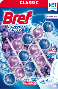Opakowanie Bref Power Active Classic Lavender, niebiesko-fioletowe kulki do WC z 4 funkcjami, widok z przodu.