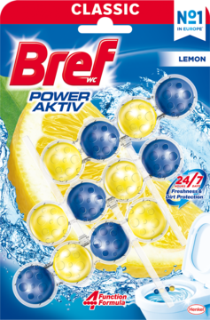 Bref Power Aktiv Classic lemon WC block z niebiesko-żółtymi kulkami, na tle opakowania z cytryną i wodą.
