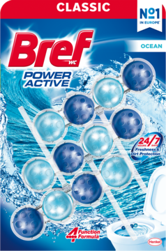 Bref Power Active Ocean, zawieszka do toalet, 10 niebiesko-błękitnych kulek w blistrze, na tle wody, 4 funkcje.