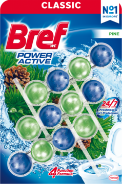 Bref Power Active Pine zawieszka do WC. Opakowanie z niebieskimi i zielonymi kulkami, grafiką sosny i kropli wody.