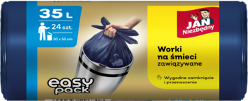 Opakowanie worków na śmieci JAN Niezbędny 35L easy pack, z grafiką wiązania niebieskiego worka.
