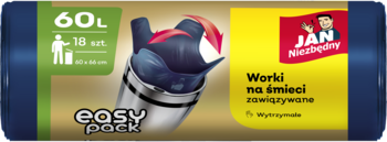 Worki na śmieci JAN Niezbędny 60L, Easy Pack, ciemnogranatowe, 18 sztuk, trwałe, widok rolki.