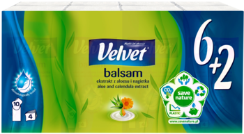 Velvet balsam chusteczki 4-warstwowe, zielono-niebieskie opakowanie 6+2 z aloesem, widok z przodu.
