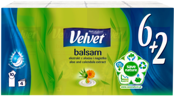 Velvet balsam chusteczki 4-warstwowe, zielono-niebieskie opakowanie 6+2 z aloesem, widok z przodu.
