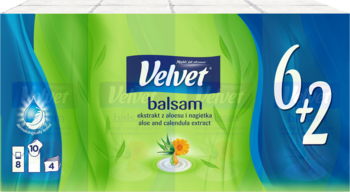 Chusteczki Velvet Balsam aloes i nagietek, 6+2 opakowania, 4 warstwy, zielono-niebieska folia, widok z przodu.