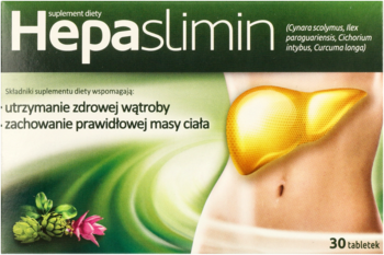 Zielone pudełko Hepaslimin, suplement diety wspierający zdrową wątrobę i prawidłową masę ciała, 30 tabletek.