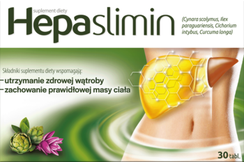 Hepaslimin suplement na wątrobę i masę ciała, zielono-białe opakowanie z wątrobą i roślinami, widok przodem.
