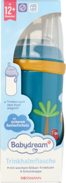 Opakowanie butelki ze słomką Babydream, niebieska z palmami, pomarańczowa góra, widok z przodu.