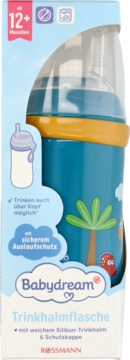 Opakowanie butelki ze słomką Babydream, niebieska z palmami, pomarańczowa góra, widok z przodu.