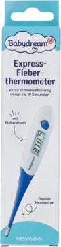 Pudełko termometru Babydream Express-Fieber-thermometer, biało-niebieskie, widok z przodu, cyfrowy model.