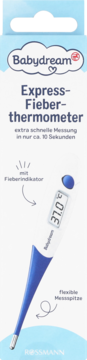 Opakowanie termometru ekspresowego Babydream, biało-niebieskie, z ilustracją elastycznego termometru.