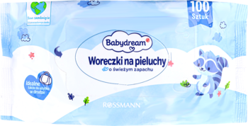 Projekt opakowania Babydream Woreczki na pieluchy, 100 szt., zapachowe, z niebieskim szopem na jasnoniebieskim tle.