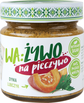 Słoik pasty WA:ŻYWO Dynia Lubczyk, brązowo-zielony, widok z przodu. Na etykiecie dynia i zioła.