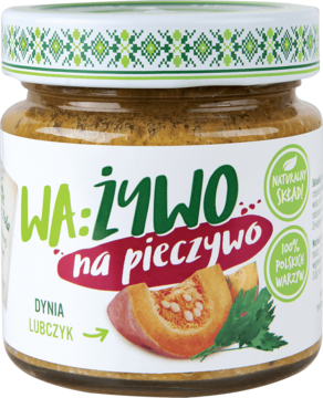 Słoik pasty WA:ŻYWO Dynia Lubczyk, brązowo-zielony, widok z przodu. Na etykiecie dynia i zioła.