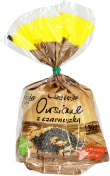 Przezroczysta paczka owsianki z czarnówką 130g, z brązową etykietą, żółtym zapięciem i napisem "bez cukru".