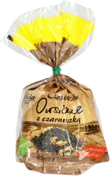 Przezroczysta paczka owsianki z czarnówką 130g, z brązową etykietą, żółtym zapięciem i napisem "bez cukru".