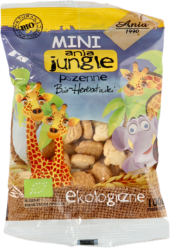 Mini Bio-Herbatniki pszenne Ania Jungle, w przezroczystym opakowaniu z motywem dżungli, widok z przodu.
