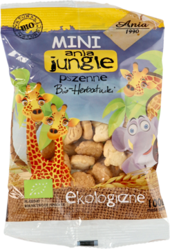 Mini Bio-Herbatniki pszenne Ania Jungle, w przezroczystym opakowaniu z motywem dżungli, widok z przodu.
