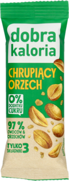 Baton Dobra Kaloria Chrupiący Orzech, zielone opakowanie z orzechami, 97% owoców i orzechów, 0% cukru.
