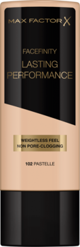Długotrwały podkład Max Factor Facefinity Lasting Performance 102 Pastelle w beżowo-czarnej butelce, widok z przodu.