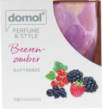 Świeca domol Perfume & Style Beeren-zauber w białym opakowaniu z motywem jagód i fioletowym szkłem.
