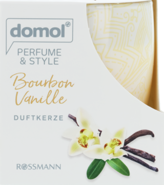 Białe pudełko świecy zapachowej Domol Perfume & Style o zapachu wanilii, z grafiką wanilii, widok z przodu.