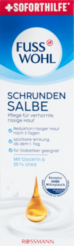 Fusswohl Schrundensalbe, biało-niebieskie opakowanie, widok z przodu, z 25% mocznika, na popękane pięty.