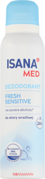 Biały dezodorant w sprayu Isana Med Fresh Sensitive do skóry wrażliwej, bez alkoholu, widok z przodu.