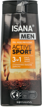 Ciemna butelka Isana Men Active Sport 3w1 żel pod prysznic z sylwetką biegacza, widok z przodu.