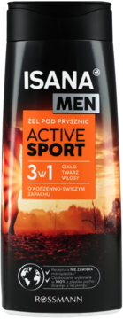 Isana Men Active Sport żel pod prysznic 3w1. Czarna butelka z pomarańczową etykietą, widok z przodu.