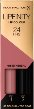 Max Factor Lipfinity Lip Colour 015 Ethereal, 24-godzinna pomadka w pudrowo-różowym opakowaniu, widok z przodu.