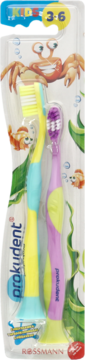 Dwie szczoteczki Prokudent Kids 3-6 z przyssawkami, żółto-niebieska i fioletowo-zielona, w blistrze.