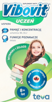 Opakowanie Vibovit Uczeń suplementu na pamięć dla dzieci 8+, zielono-białe, z dziewczynką i owocami.