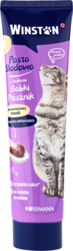Winston Pasta Słodowa karma dla kotów, fioletowa tubka z kotem, Babki Plesznik, kompleks odkłaczający, przód.