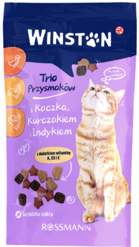 Winston Trio Przysmaki dla kota, karma z kaczką, kurczakiem, indykiem. Fioletowa torba z chrupkami, widok z przodu.