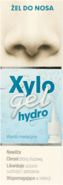 Xylogel hydro żel do nosa w niebieskim opakowaniu z białym aplikatorem, na tle nosa i tekstów.