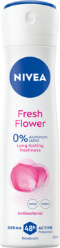 Biały dezodorant Nivea Fresh Flower 48h, 0% aluminium, z różowymi płatkami na froncie, widok od przodu.