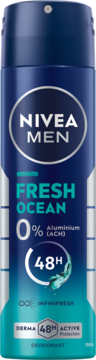 Dezodorant NIVEA MEN Fresh Ocean w granatowo-turkusowym sprayu, 0% aluminium, 48H ochrony, widok z przodu.