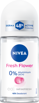 NIVEA Fresh Flower dezodorant w kulce, biała butelka, 0% aluminium, 48h, kwiatowy zapach, widok z przodu.