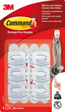 Opakowanie Command Damage-Free Hanging Mini Hooks, 6 białych haczyków, 8 pasków, widok z przodu, 225g.