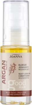 Joanna Argan Oil Elixir, regenerująca odżywka bez spłukiwania dla suchych włosów, w butelce z pompką, widok z przodu.