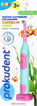 Opakowanie elektrycznej szczoteczki Prokudent dla dzieci 3+, turkusowo-różowej, 2 poziomy prędkości.