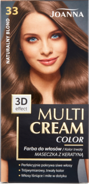 Joanna Multi Cream Color 33 Naturalny Blond farba do włosów, pudełko z modelem, 3D effect na opakowaniu.