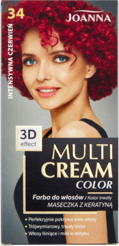 Joanna Multi Cream Color, farba do włosów 34 Intensywna Czerwień, z Keratyną, widok z przodu.