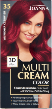 Pudełko farby Joanna Multi Cream Color 35 Wiśniowa Czerwień z modelką o intensywnych włosach i efektem 3D.