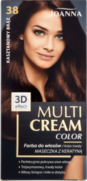Joanna Multi Cream Color, farba do włosów 38 Kasztanowy Brąz, opakowanie z modelką, widok z przodu.