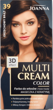 Joanna Multi Cream Color 39 Orzechowy Brąz farba do włosów, opakowanie z modelką, przód produktu.